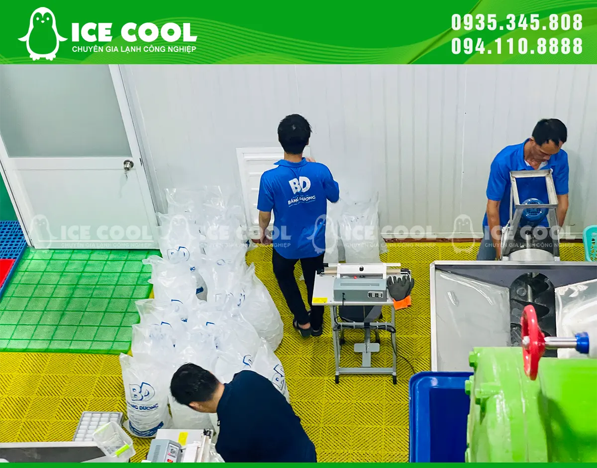 Các công nhân đang tích cực đóng gói đá viên để gửi đến cho khách hàng