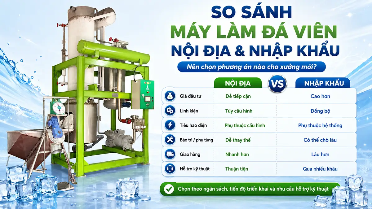 So sánh máy làm đá viên nội địa và nhập khẩu: Nên chọn phương án nào cho xưởng mới?