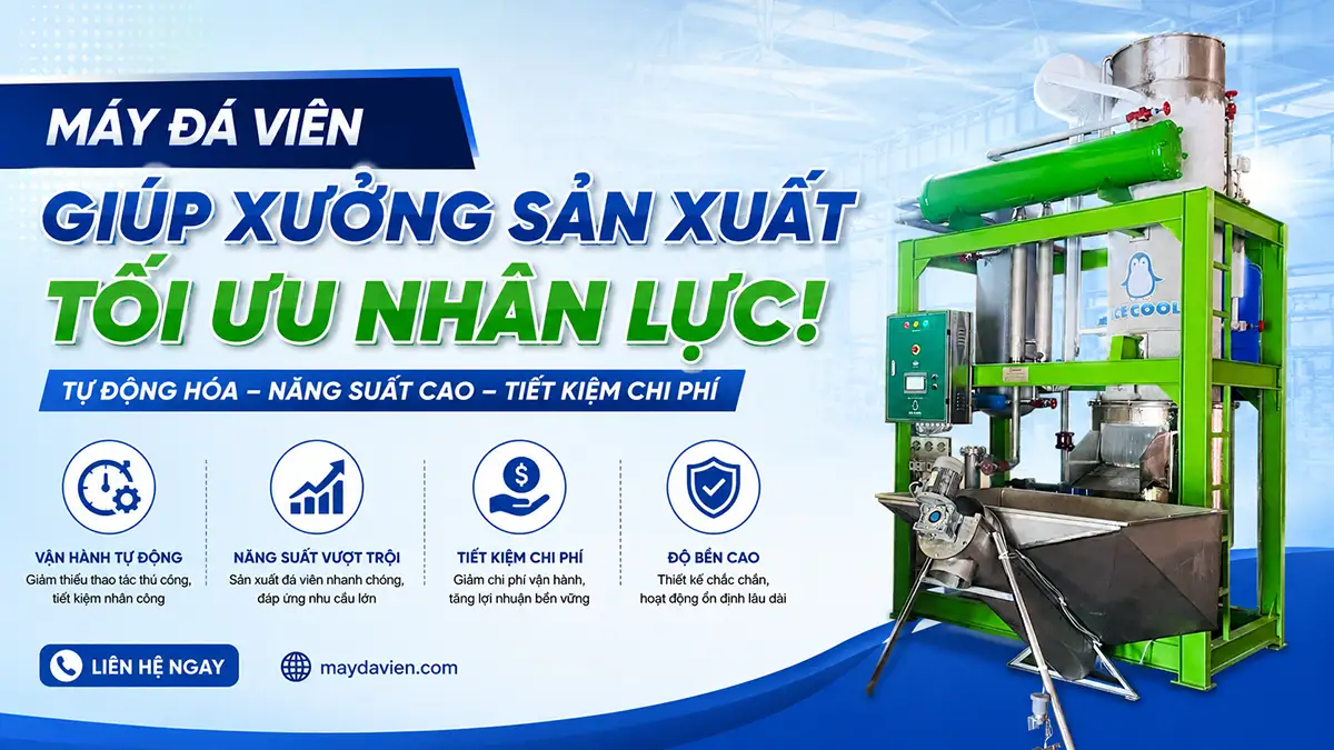 Nhờ vận hành tự động, máy đá viên giúp xưởng sản xuất tối ưu nhân lực và giảm áp lực vận hành