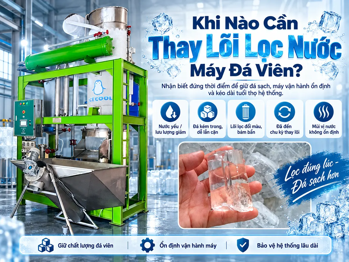 Khi nào cần thay lõi lọc nước máy đá viên? Phân biệt lõi cặn, than hoạt tính và màng RO để thay đúng lúc, kiểm soát nước và tránh dừng máy bị động.