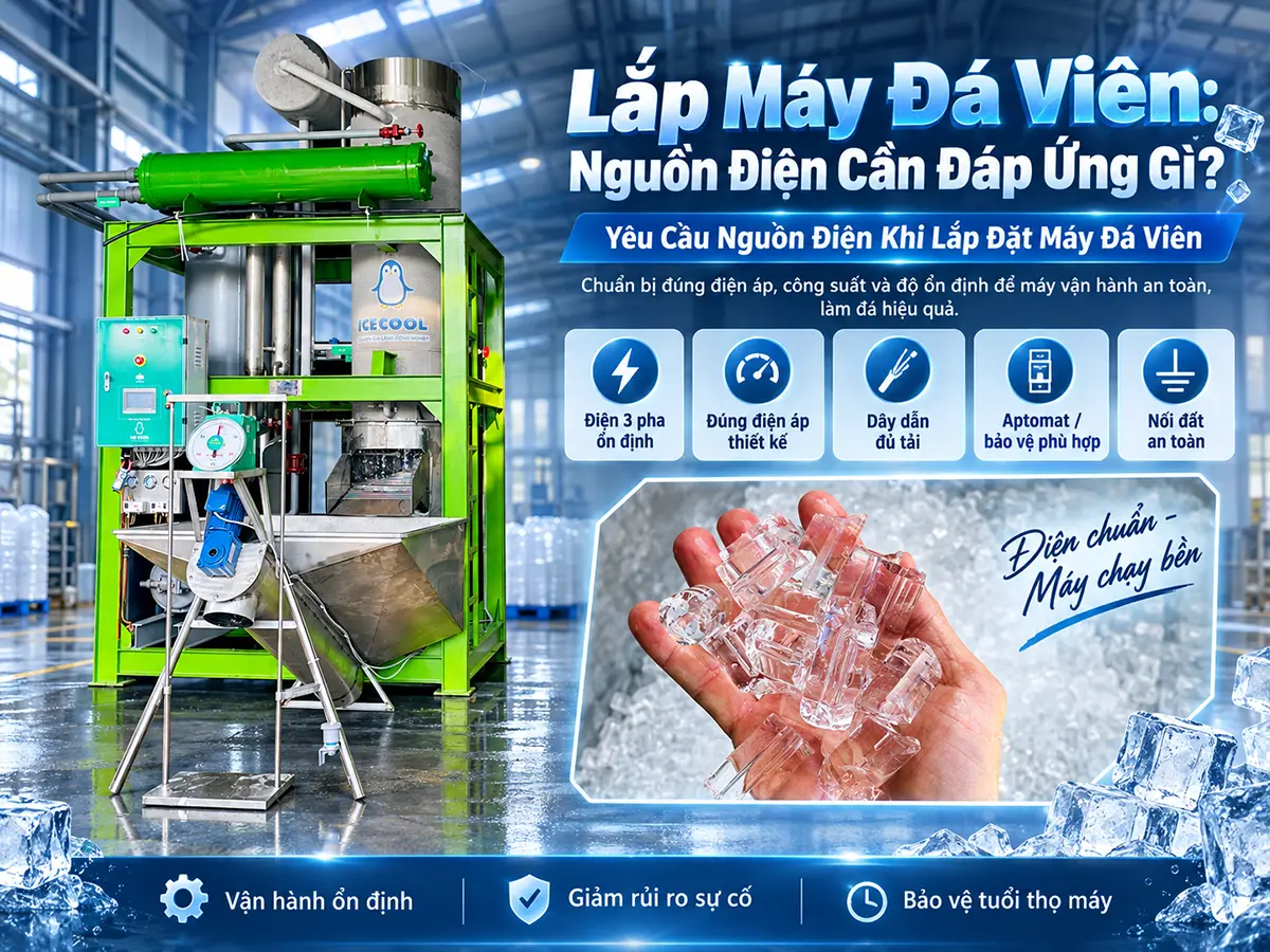 Yêu cầu nguồn điện khi lắp đặt máy đá viên: xác định tải, tuyến cáp, bảo vệ và tiếp địa theo cấu hình máy; phối hợp kỹ thuật trước ngày chạy thử.