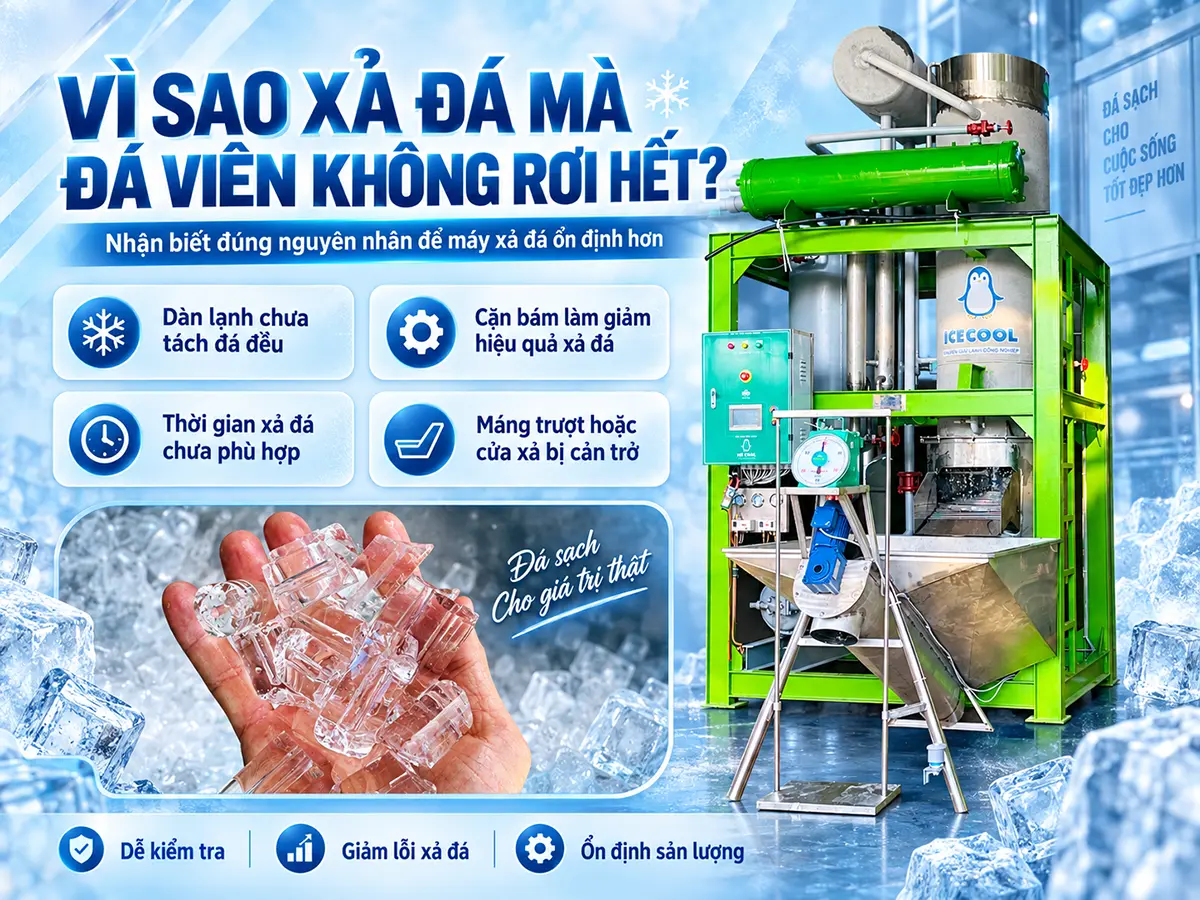 Vì sao đá viên không rơi hết khi xả đá? Phân biệt đá bám trong cối với tắc đường ra, nhận diện dấu hiệu và chọn hướng kiểm tra an toàn.